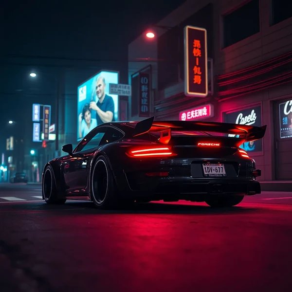 A cyberpunk-style scene at night, showing a tuned Porsche, neon lights, ads